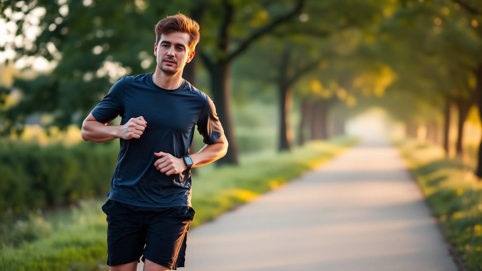 Recreational runner in a plain grey top jogging along a tree-lined path in early morning golden light, wearing a small unbranded GPS watch.