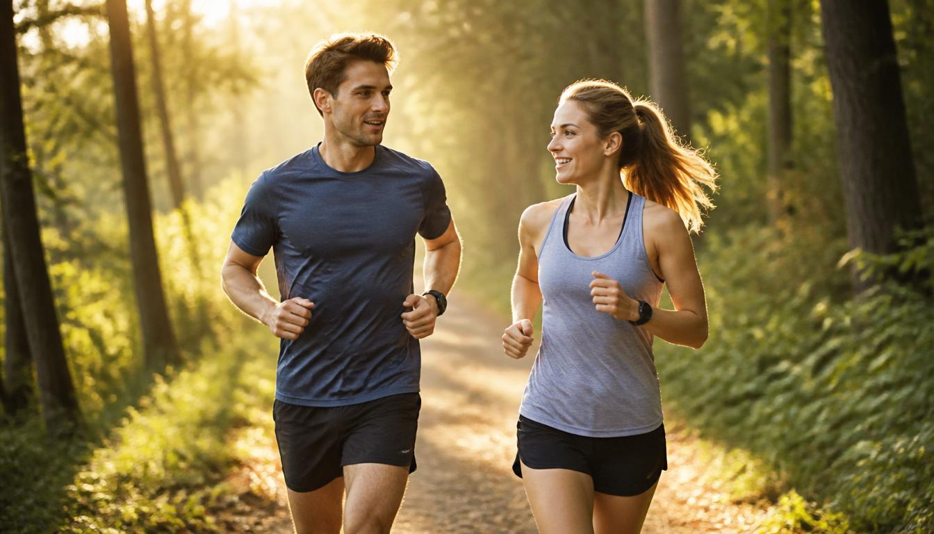 Recreational runner in a plain grey top jogging along a tree-lined path in early morning golden light, wearing a small unbranded GPS watch.