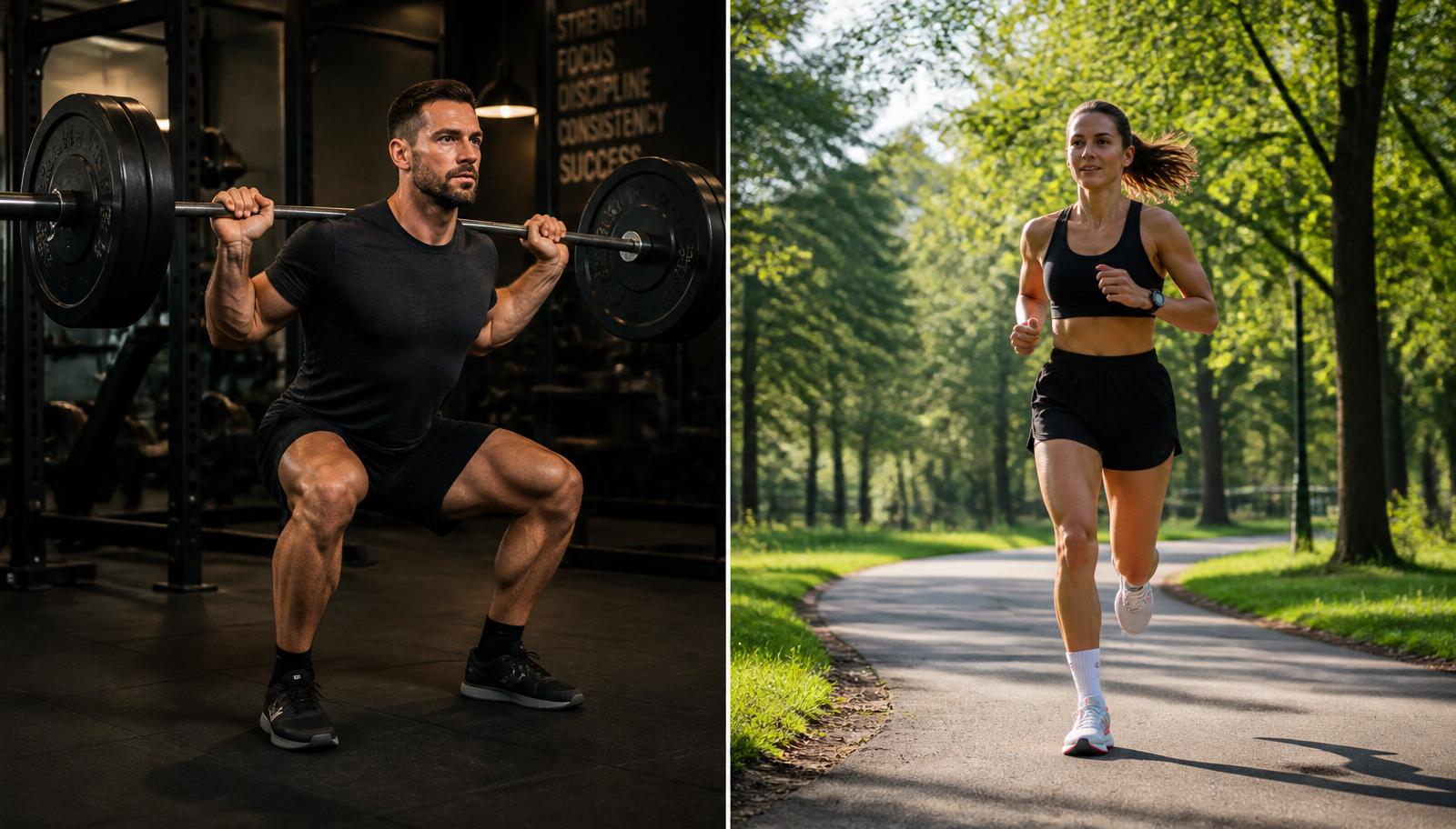 Split composition showing a hybrid athlete performing a controlled barbell back squat on the left and running in the park on the right.