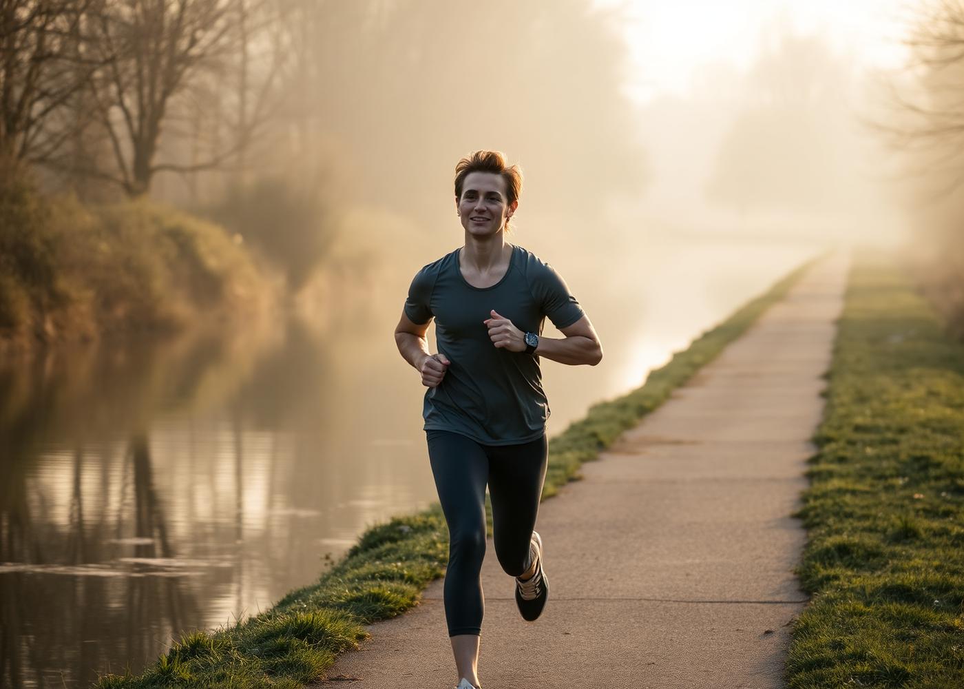 Relaxed runner jogging easily beside a misty canal towpath at soft morning light, calm posture and gentle effort.
